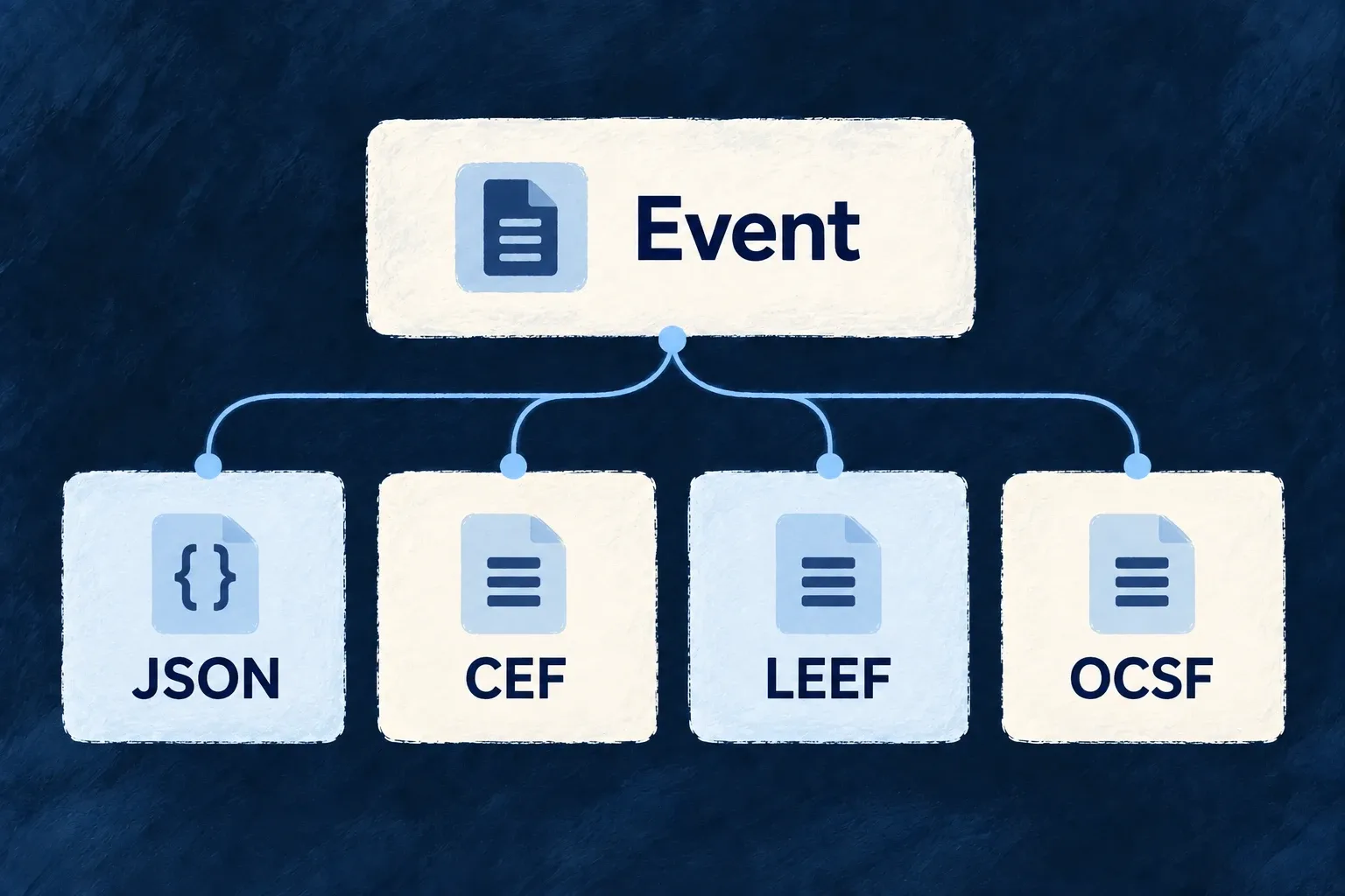 One event can be encoded as JSON, CEF, LEEF or OCSF for the receiving security system.