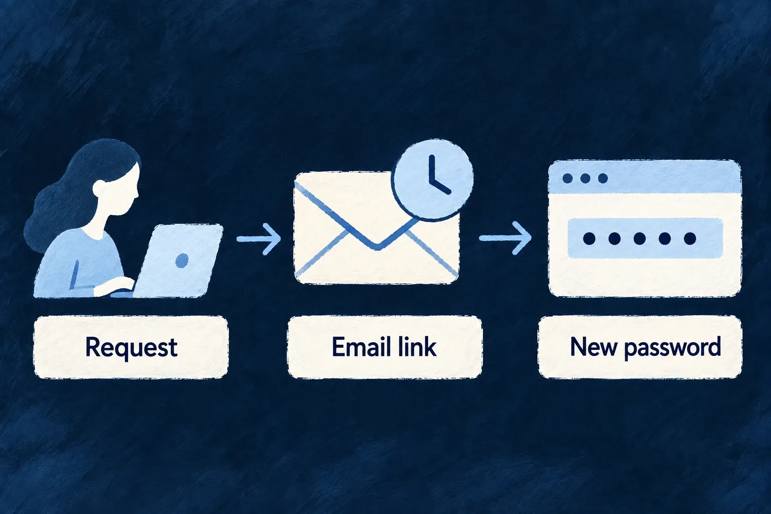 A person requests a reset, receives a time-limited email link and chooses a new password.