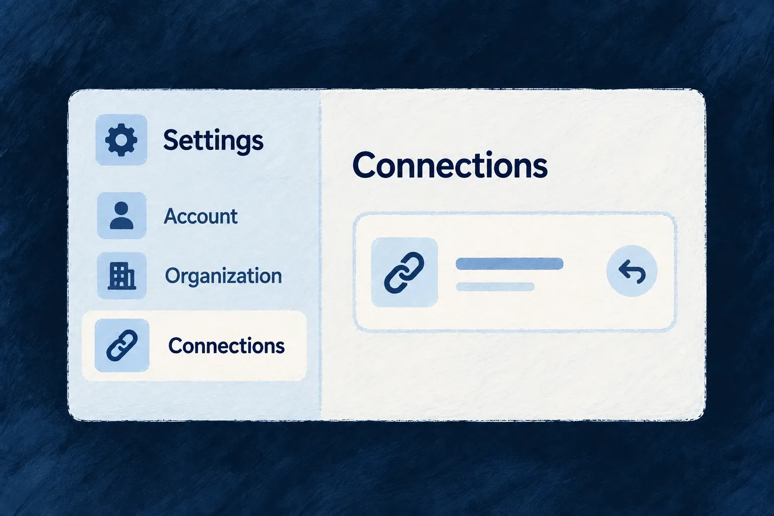 Account and organisation settings share one surface whose connection detail stays inside the panel.