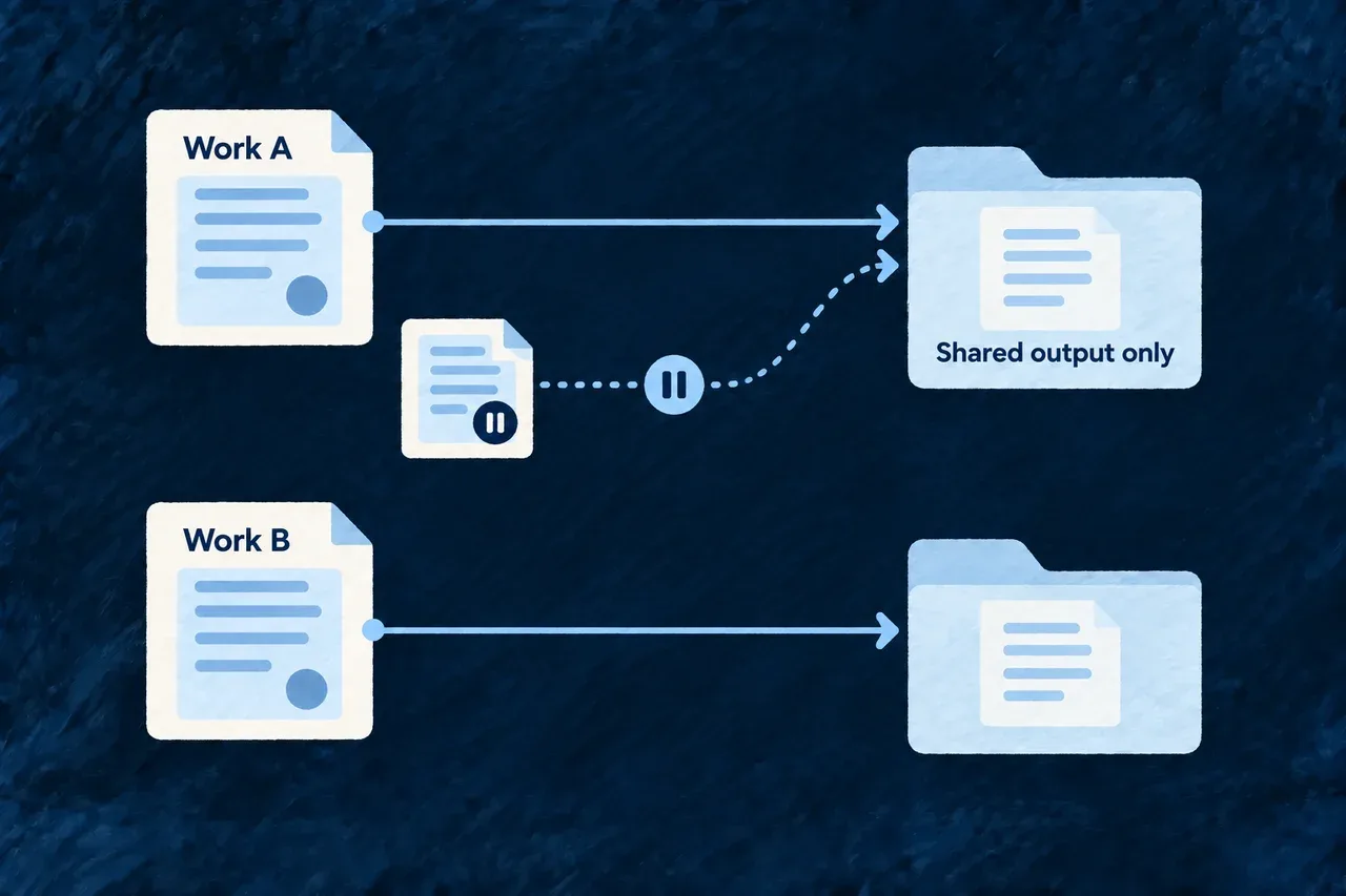 Compatible activities advance side by side while an overlapping output is held apart.