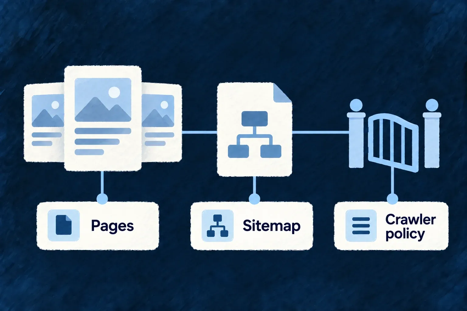 A site map of three pages alongside a small gate representing authored crawler policy