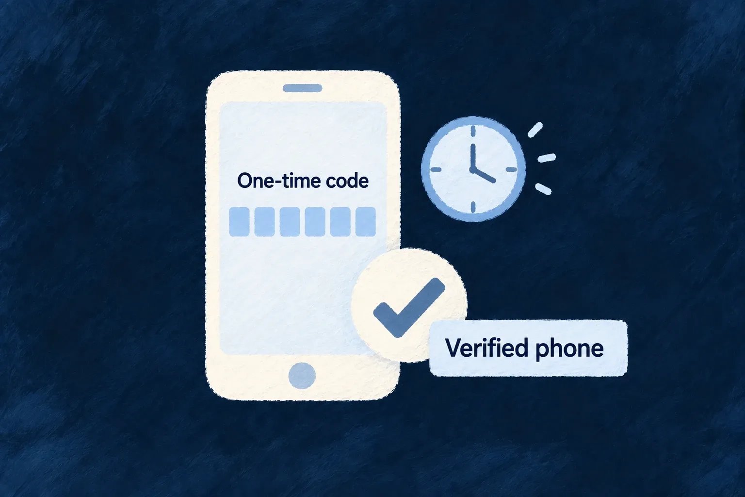 A verified phone displays a one-time code beside a clock and confirmation mark.