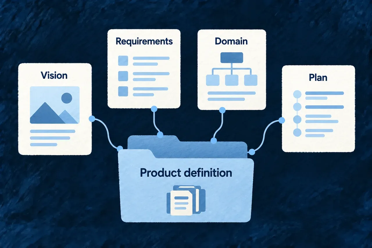 Vision, requirements, domain and plan remain connected within the product definition.