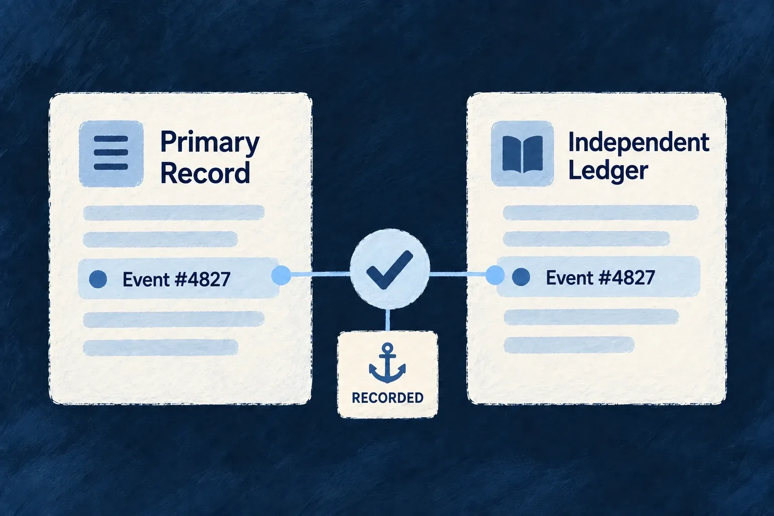 An event in the primary record is checked against the corresponding event in an independent ledger.