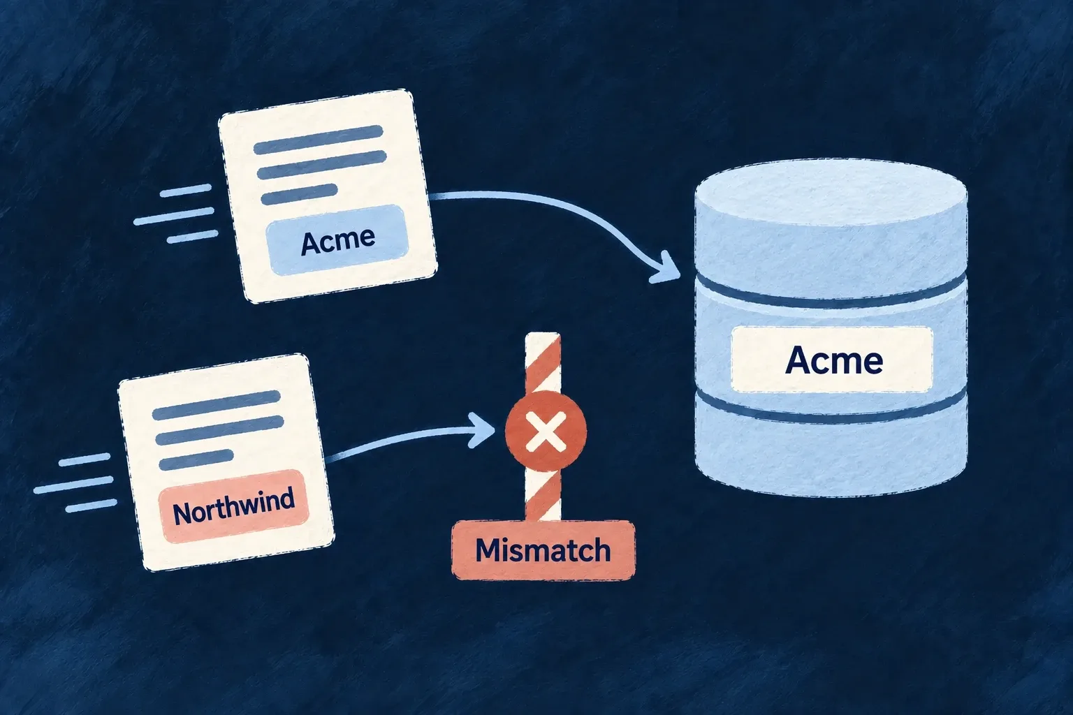 An Acme write reaches Acme storage; a Northwind-labelled write is stopped as a mismatch.
