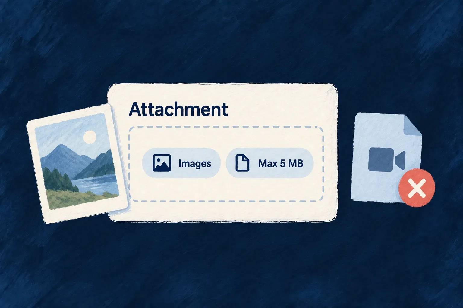An attachment field accepts images within a declared size limit and refuses a video.
