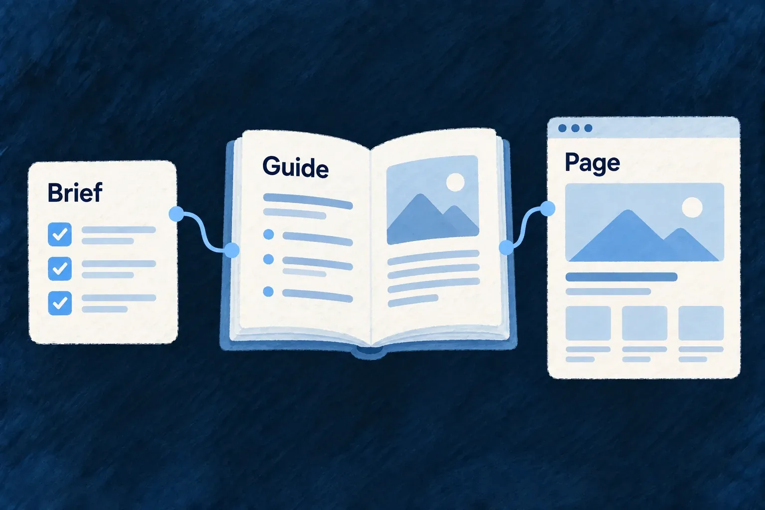 An open authoring guide beside a coding agent's simple page composition, a checked rules card linking guide to page