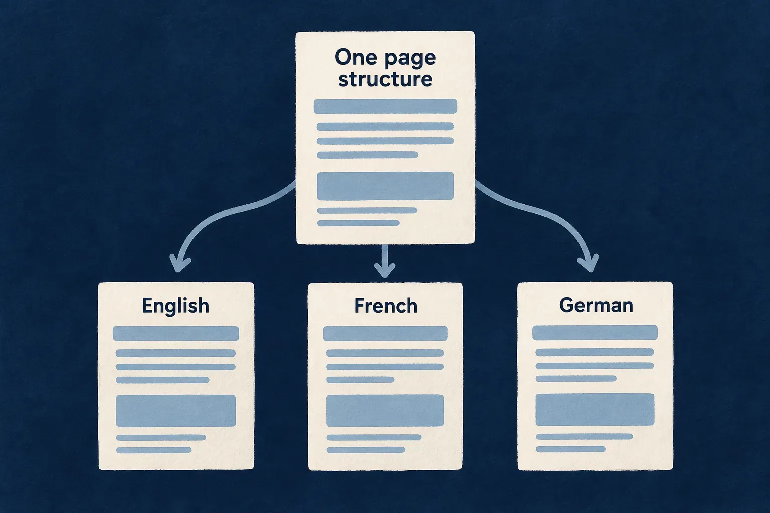 A shared page structure has English, French and German content.