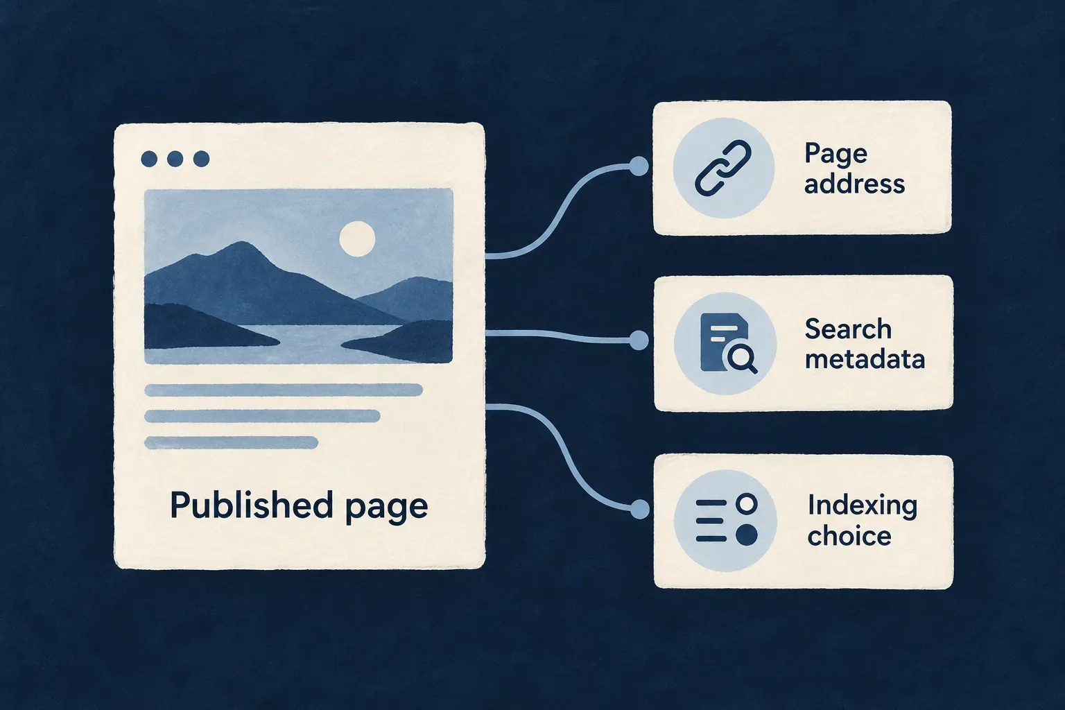 A published page connects to its address, search metadata and indexing choice.