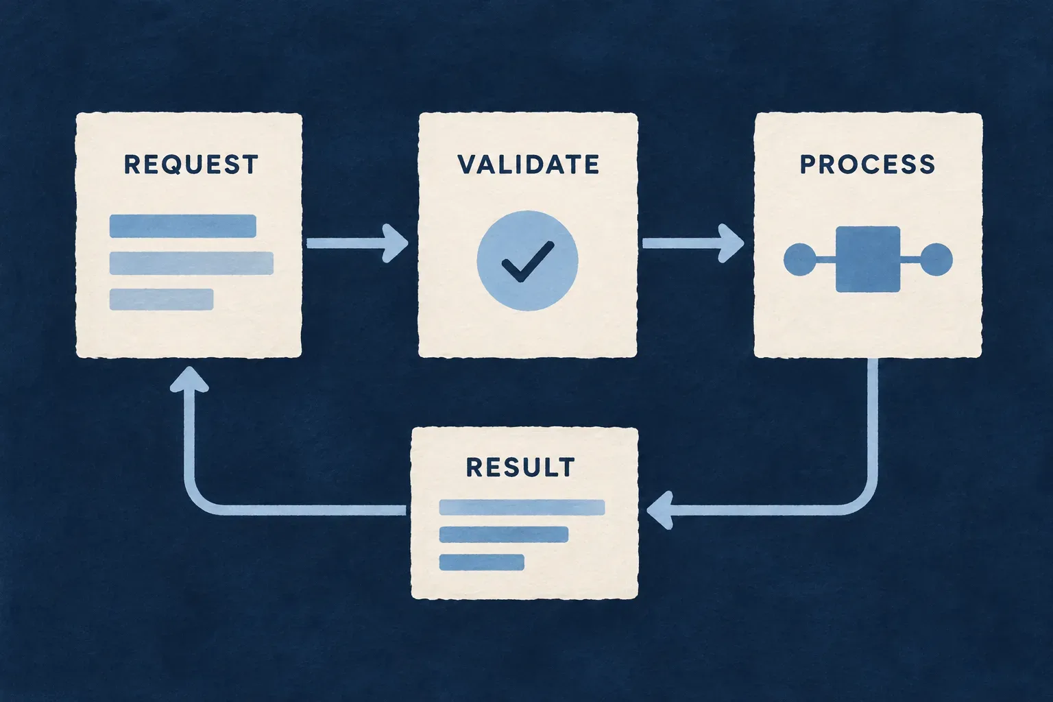 A worker validates a request, performs processing and returns a result.